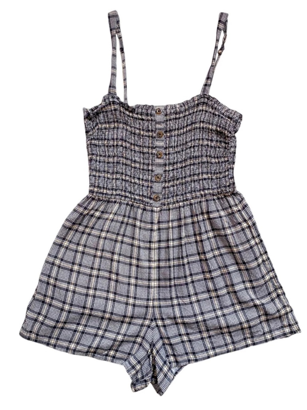 Hollister Black and White Plaid Smocked Button Romper
